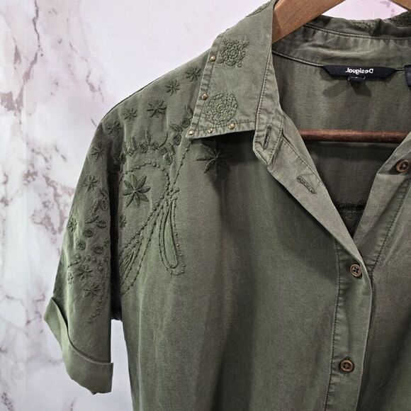 Desigual Dress Women Small Green Army Embroidered Shirt Tie Floral Military Boho - Picture 2 of 12